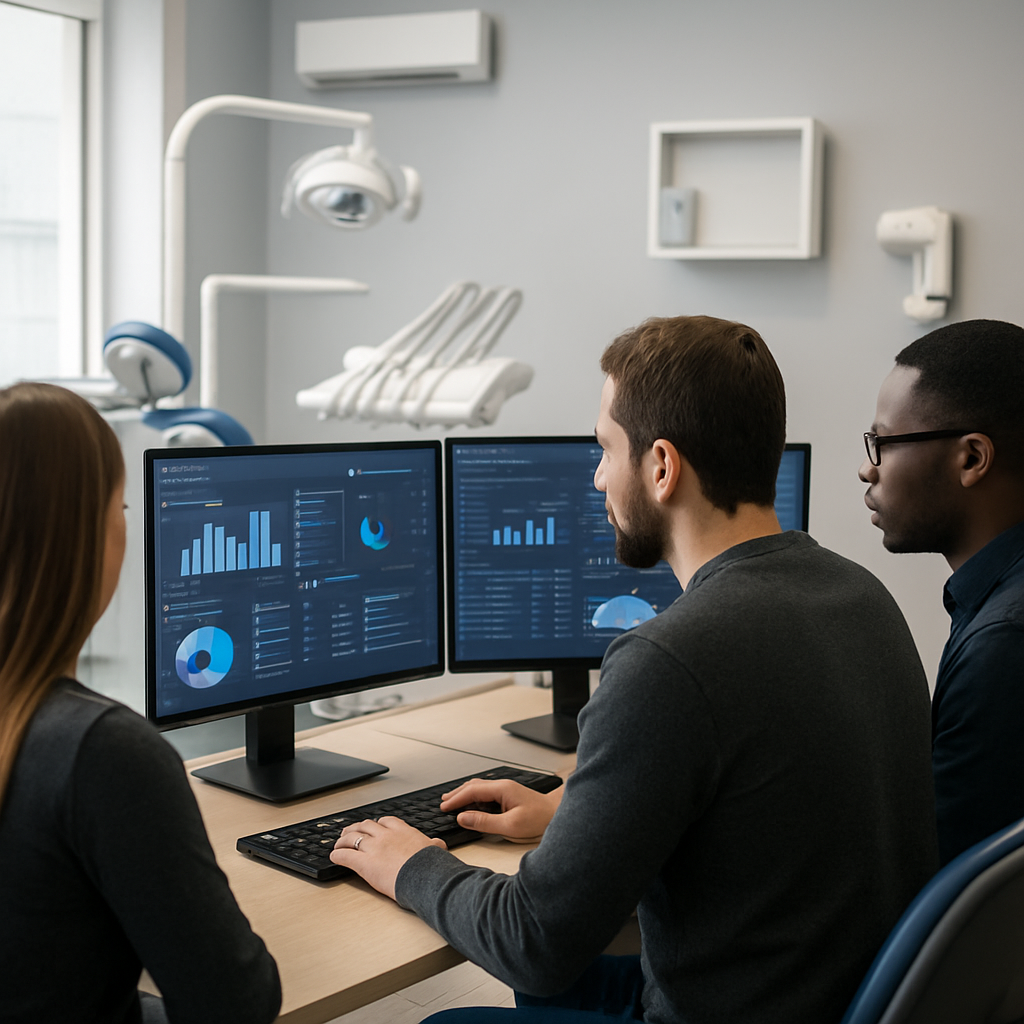Three individuals analyzing data on dual monitors in a dental office, showcasing IT support for enhancing cybersecurity and HIPAA compliance.