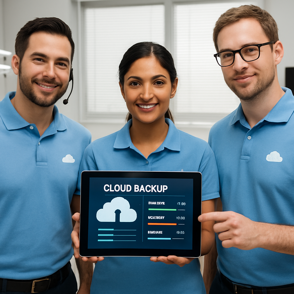 Team of IT professionals in blue shirts presenting a tablet displaying "CLOUD BACKUP" status, emphasizing data security and backup solutions for dental practices.