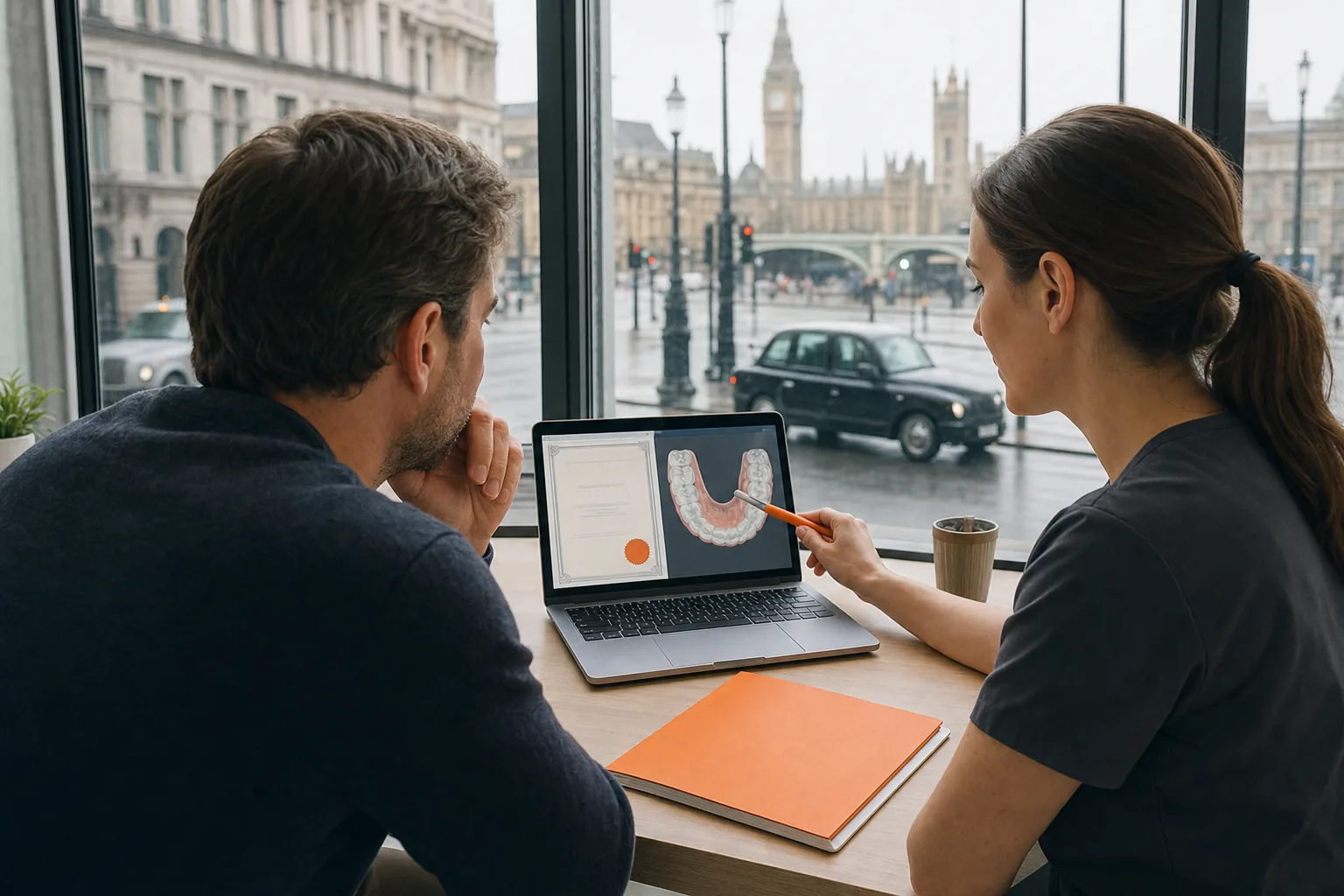 UK patient checking dental clinic credentials and treatment planning information.