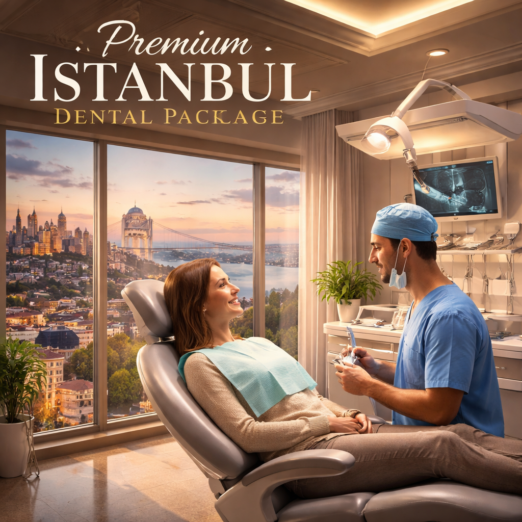 A realistic view of a modern Istanbul dental clinic interior with a patient in a comfortable chair, soft lighting, and a city skyline visible through a window. Alt: premium Istanbul dental package all inclusive