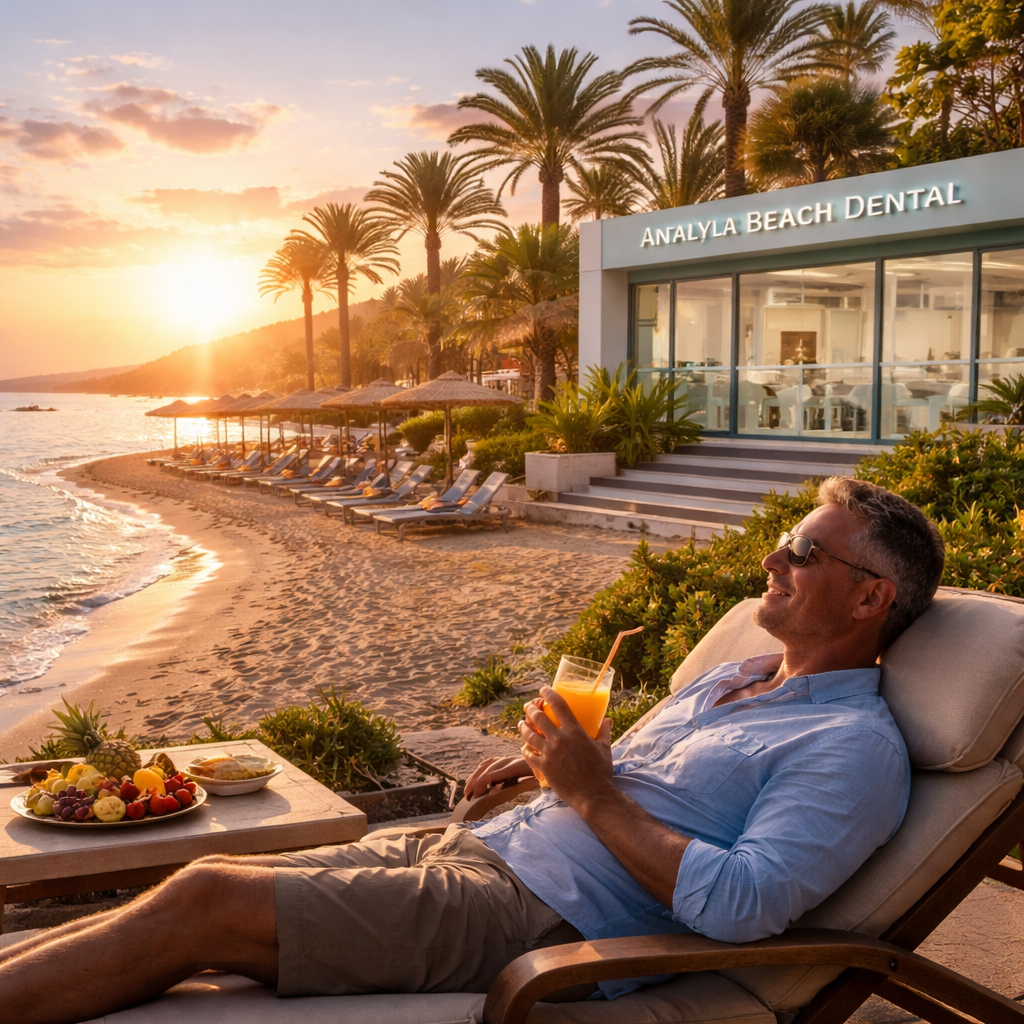 A realistic sunrise over Antalya’s Mediterranean beach with a modern dental clinic visible in the background, showing a patient relaxing on a lounge chair after treatment. Alt: Antalya beachside dental care all inclusive