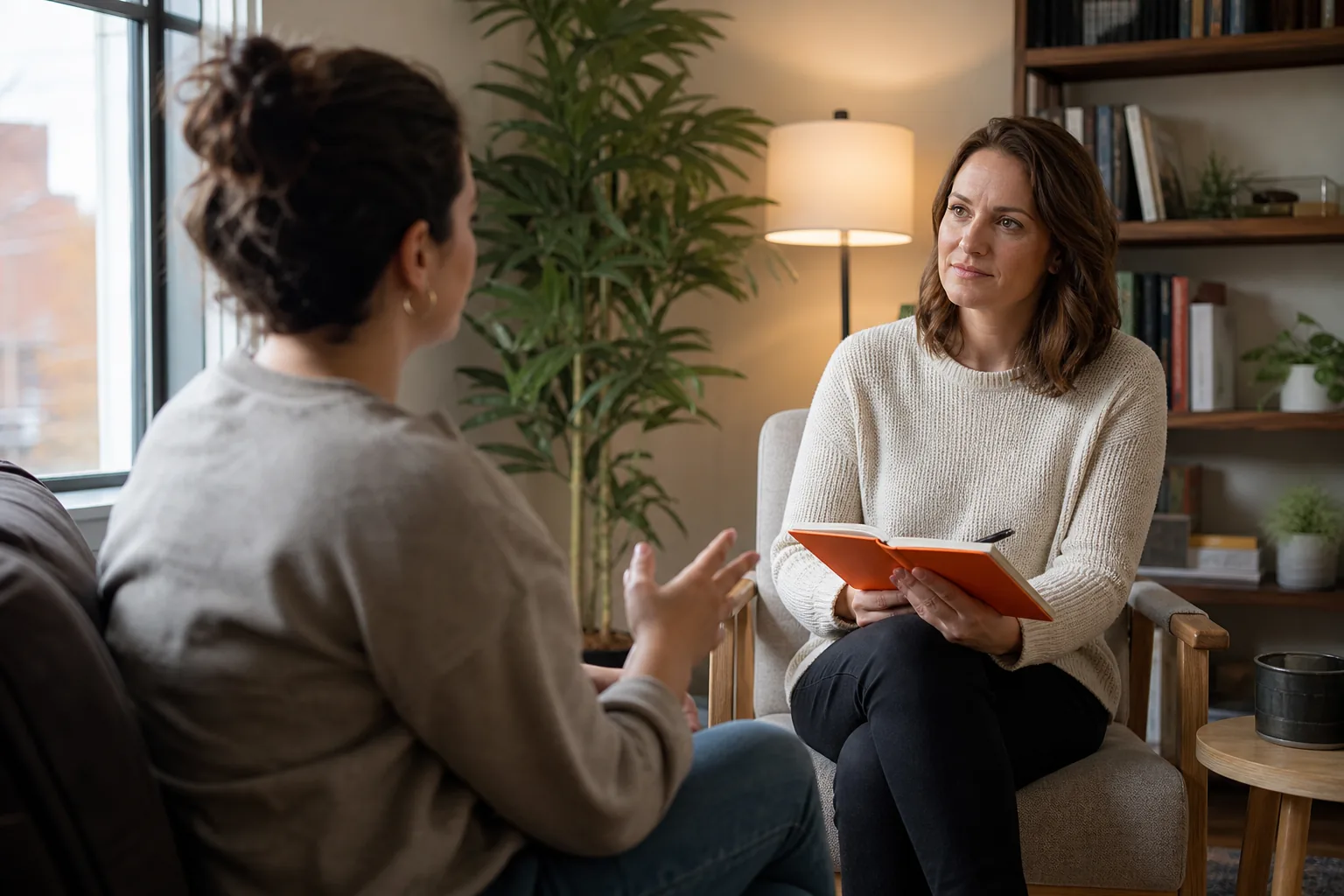 Adult speaking with a therapist while exploring depression therapy in Cincinnati.