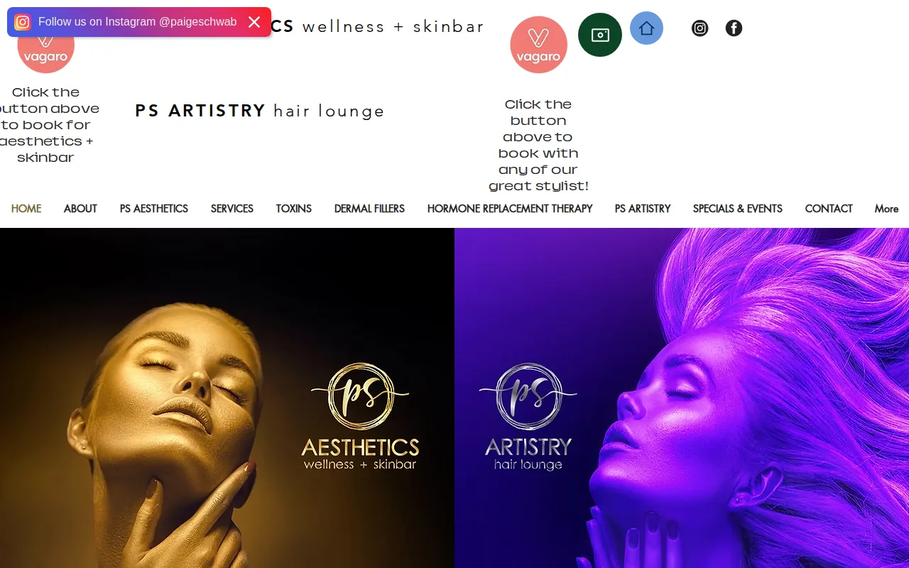 Screenshot of the PS Aesthetics Wellness + Skinbar website