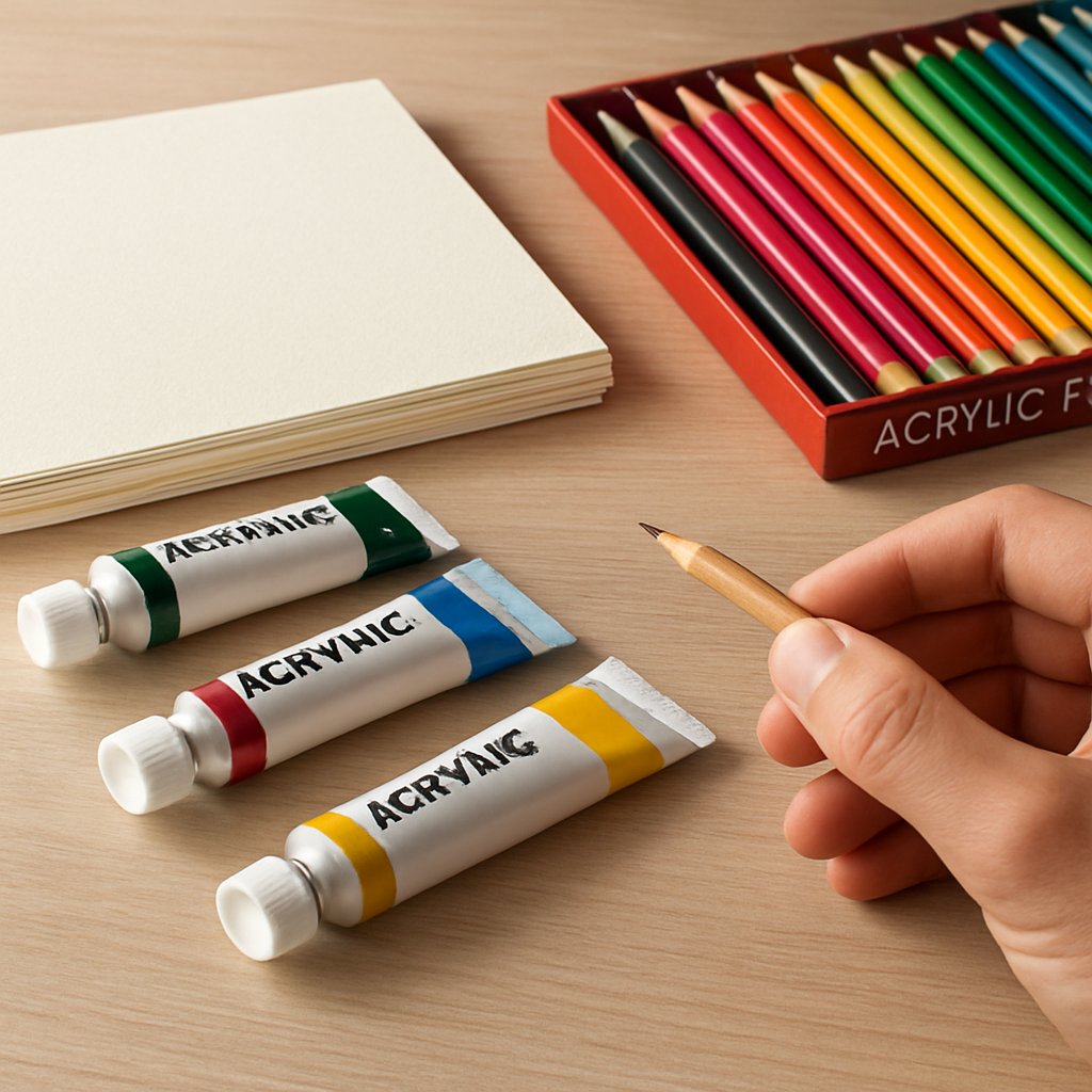 A studio setting with acrylic paint tubes, a set of acrylic pencils, and a stack of mixed media paper. Alt: Artist choosing between acrylic paint and acrylic pencil for a mixed media piece.