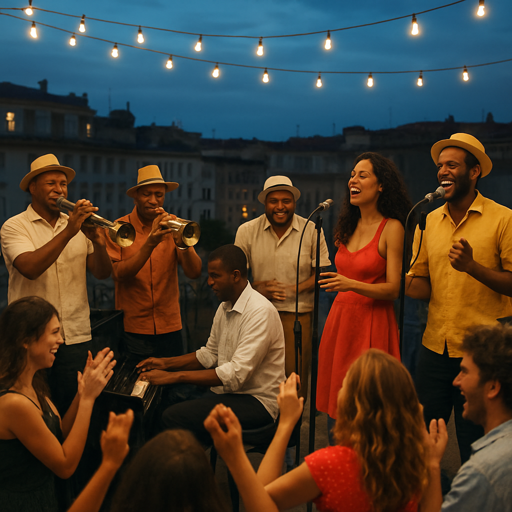 A vibrant live performance of a Cuban son band on a European rooftop venue, musicians playing trumpets, piano, bongos, and singers, with a festive crowd dancing under string lights. Alt: Son cubano en escenario europeo, banda en vivo, música y baile festivo.