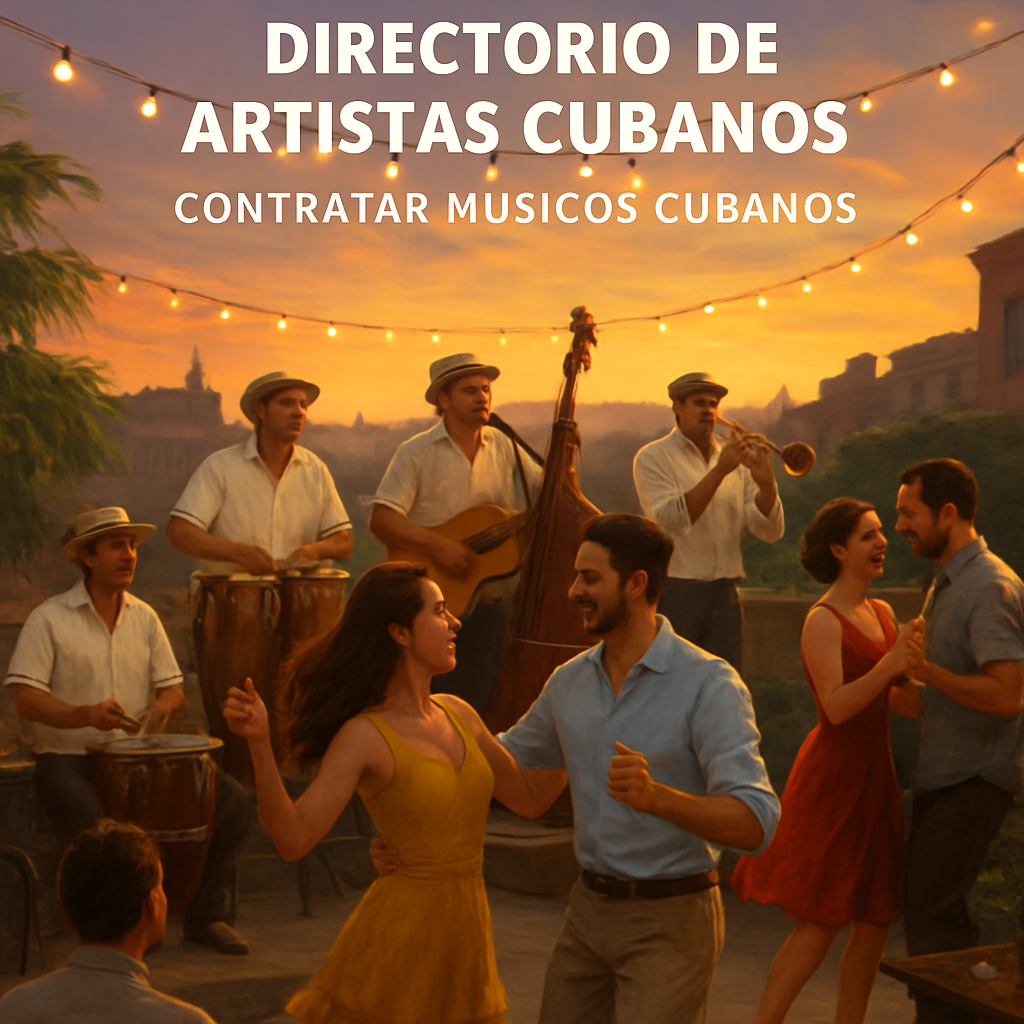 A lively outdoor terrace at sunset with a Cuban son band playing, lights strung overhead, guests dancing. Alt: evento con música de son cubano al aire libre, ambiente festivo y auténtico.