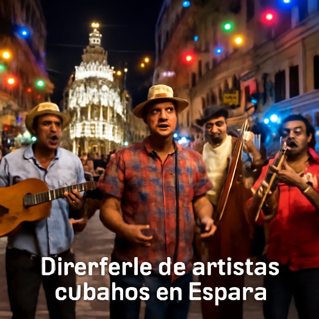 A vibrant street performance in Madrid with a Cuban son group under colorful lights. Alt: Cuban son band performing live in Madrid.