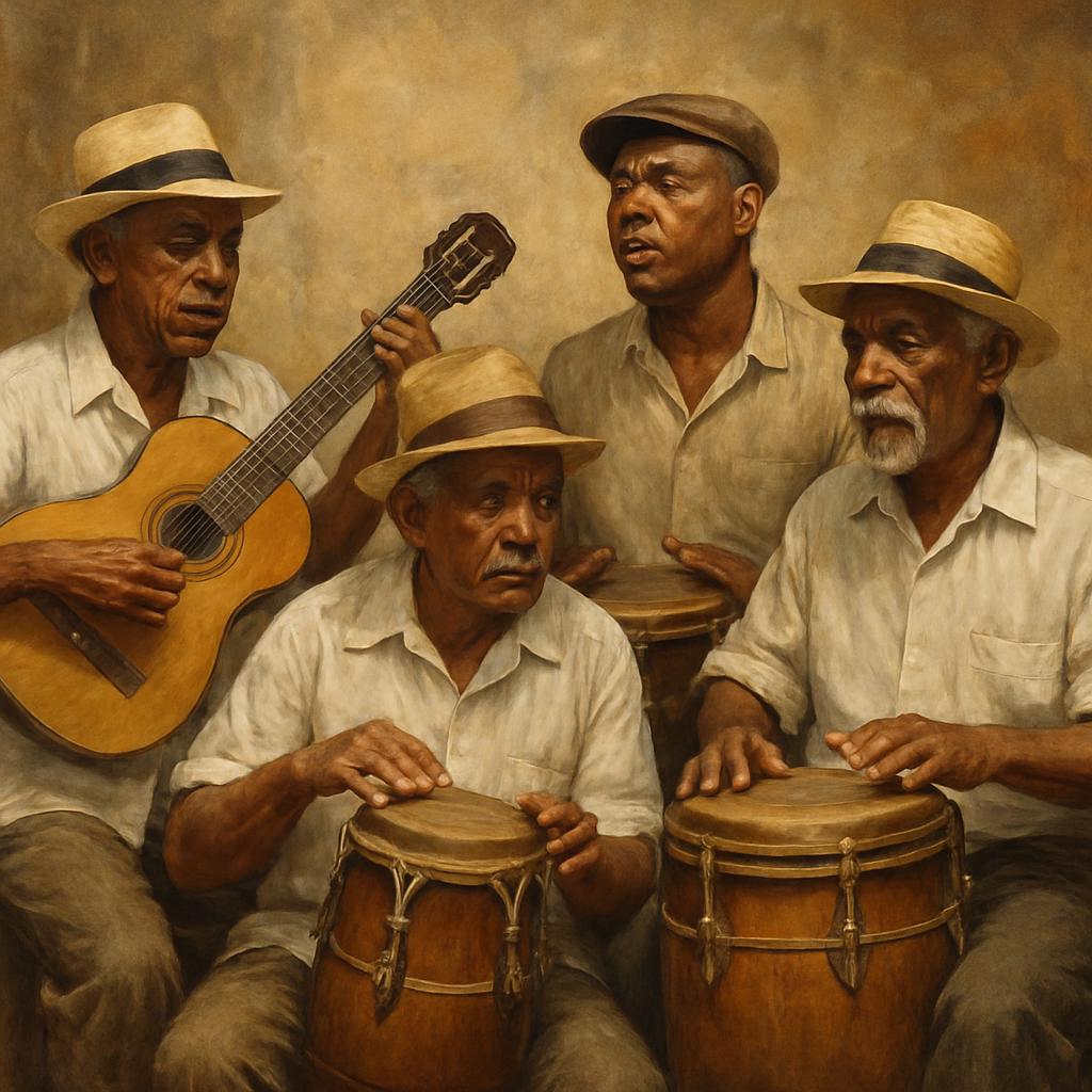 Músicos cubanos tradicionales tocando instrumentos que representan la historia de la música tradicional cubana, como el tres, y tambores batá. Alt: Representación visual de la evolución y raíces de la música tradicional cubana.
