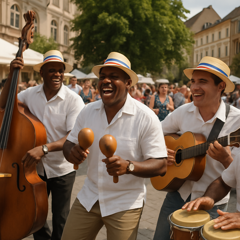 Una banda de músicos cubanos tocando en un evento al aire libre en Europa con alegría y energía vibrante. Alt: Contratar músicos cubanos para eventos en Europa con música tradicional cubana auténtica.