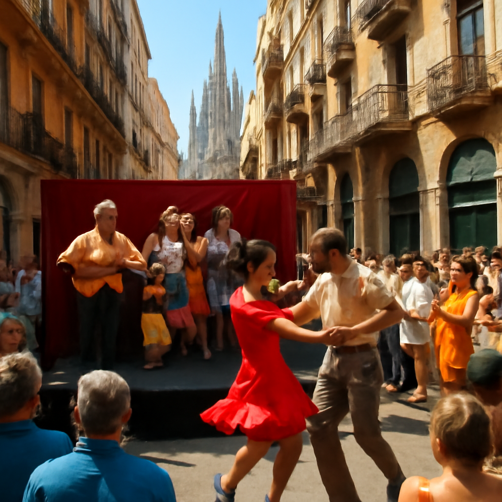 A bustling street in Barcelona during a Cuban son concert with dancers and a live band on a small stage, vibrant colors and lively atmosphere. Alt: Cuban son concert in Barcelona