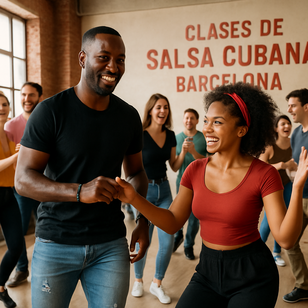 Aula de clases de salsa cubana en Barcelona con profesores cubanos y alumnos bailando con entusiasmo. Alt: Clases de salsa cubana Barcelona con profesores cubanos autenticos.