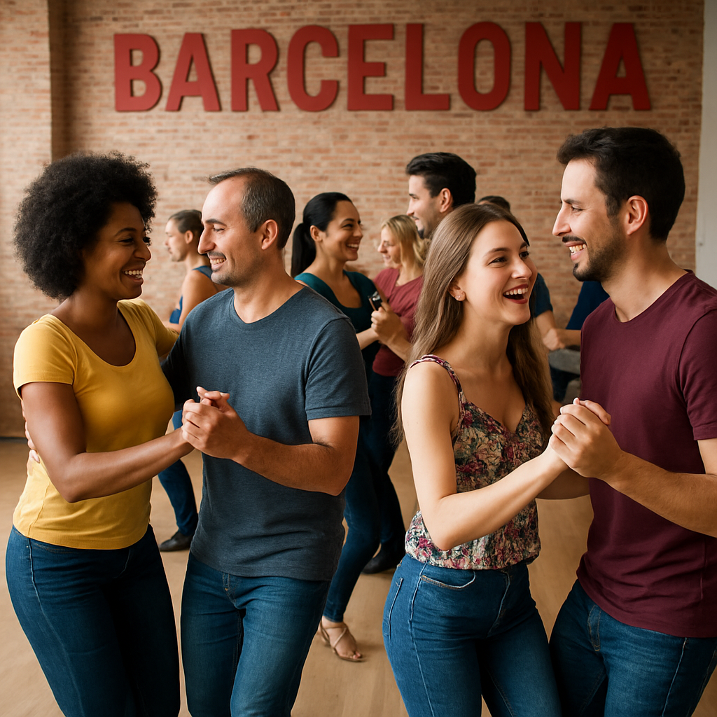 Grupo de personas bailando salsa cubana en una clase en Barcelona. Alt: Clases de salsa cubana Barcelona con grupo animado y ambiente amigable.