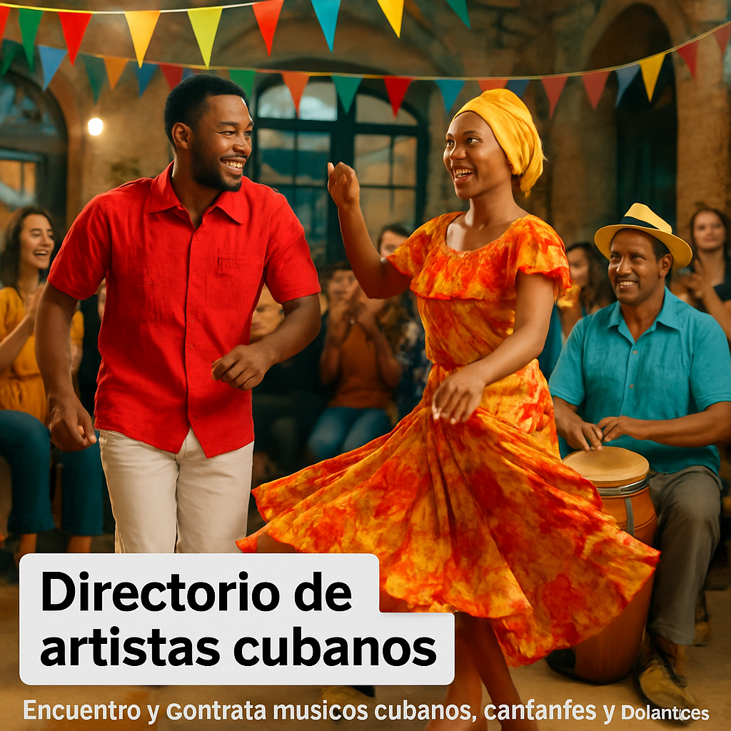 A vibrant Cuban rumba performance on a festive indoor venue, dancers in colorful guayabera shirts and flowing skirts, audience clapping and smiling. Alt: baile cubano tradicional rumba en evento europeo