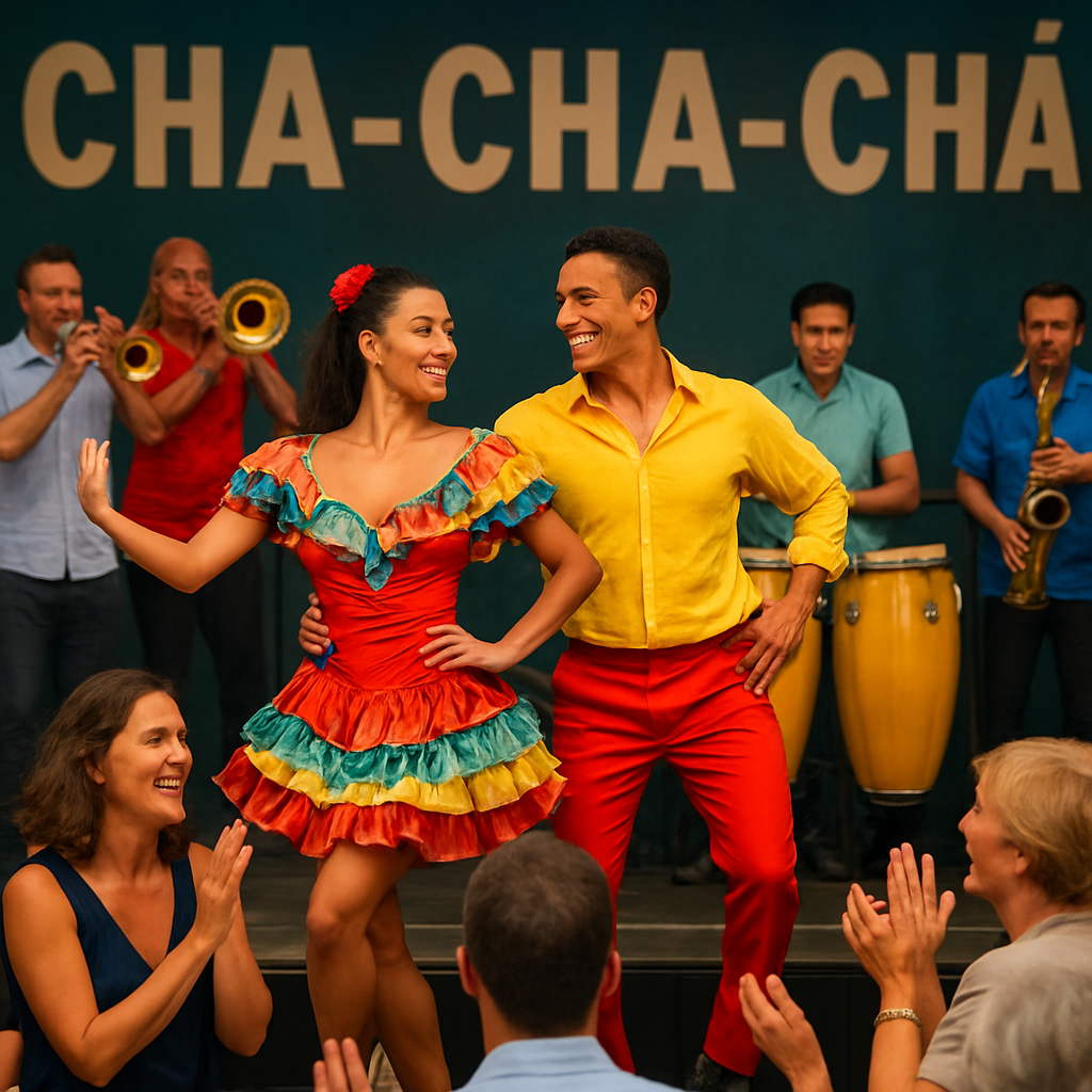 A vibrant Cha‑Cha‑Chá performance on a European event stage, dancers in colorful outfits, brass and percussion visible, audience clapping and smiling. Alt: Cha‑Cha‑Chá baile cubano en evento europeo