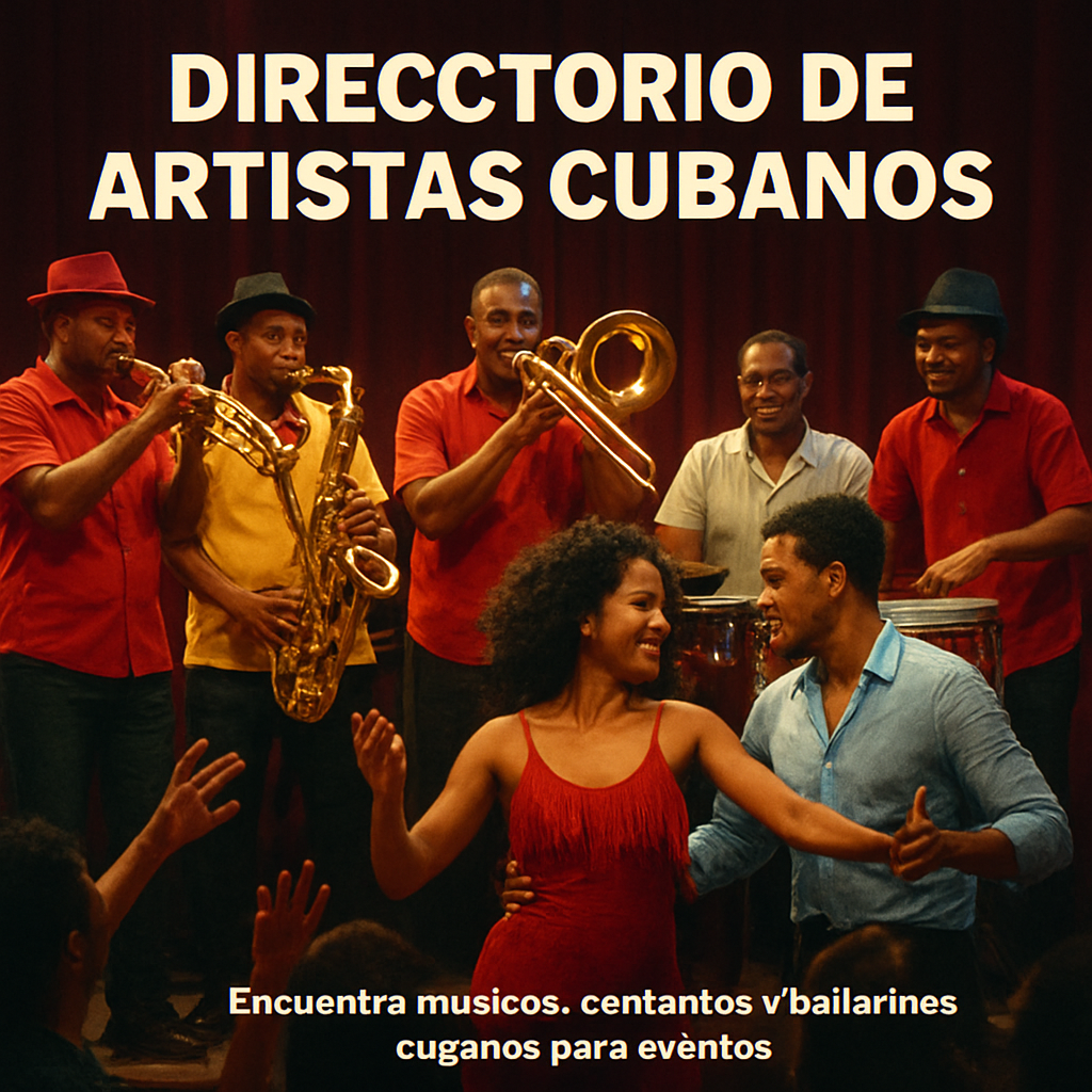 A vibrant Cuban salsa band on stage, brass shining, percussion in motion, dancers interacting with the crowd. Alt: grupo de salsa cubana en vivo, energía y autenticidad en el escenario.