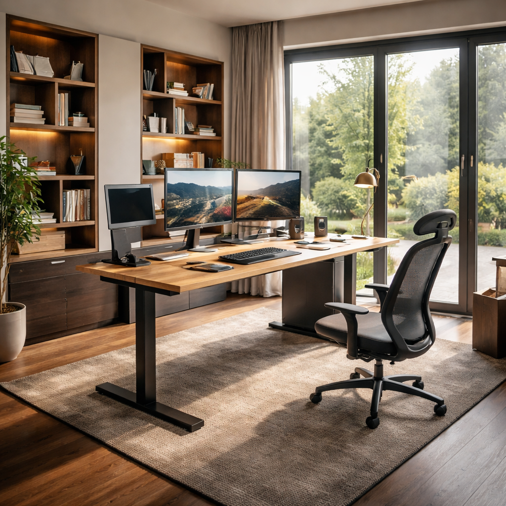 A cinematic, photorealistic scene of a stylish home office with a modular adjustable desk, sleek shelving, and ample natural light streaming through large windows, highlighting customizable home office furniture in a modern UK living room. Alt: Customizable home office furniture layout with modular desk and ergonomic setup.