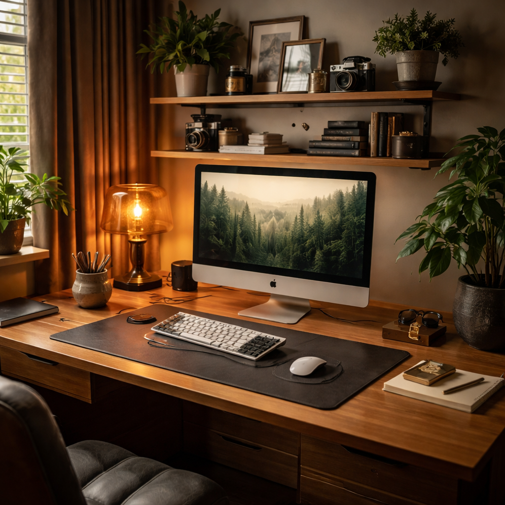 A Cinematic, photorealistic home office scene in a British setting, showcasing a modular desk with a leather desk pad, a handmade ceramic pen pot, a brass cable clip, a small display shelf with curated personal items, warm ambient lighting, and a touch of greenery to convey personality and sustainability. Alt: Cinematic cozy home office with bespoke accessories.