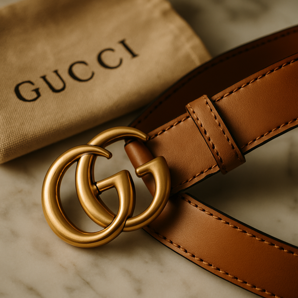 A close‑up of a luxury designer belt laid on a marble surface, showing the hand‑stitched leather edges, a weighty metal buckle, and the original branded dust bag. Alt: Authentic designer belt details for women.