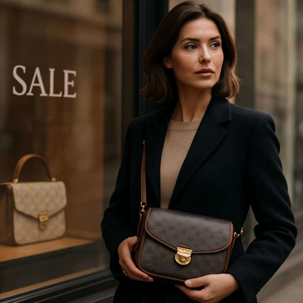 A stylish woman holding a genuine designer crossbody bag, standing near a boutique window with a subtle city backdrop. Alt: authentic designer crossbody bag on sale, luxury fashion shopping guide