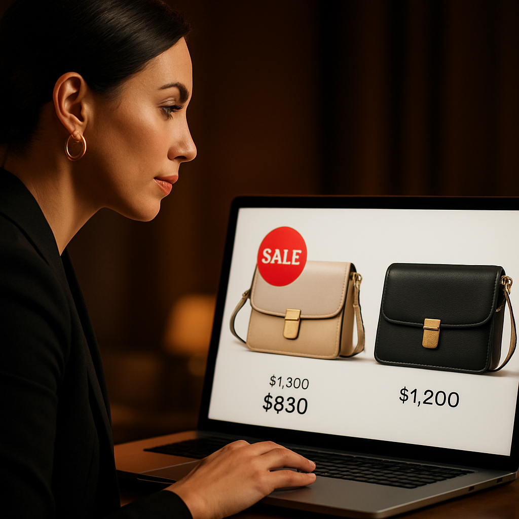 A stylish woman comparing two designer crossbody bags on a laptop screen, one with a discount badge and one at full price. Alt: comparing pricing and discounts for designer crossbody bags on sale