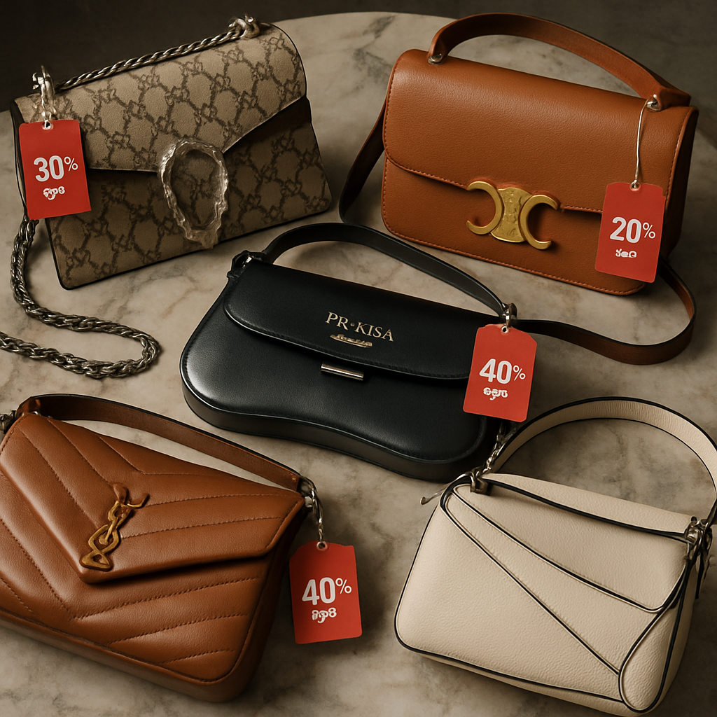 A high‑resolution collage of the five featured designer shoulder bags displayed on a marble tabletop, each with its discount tag visible. Alt: “Top 5 designer shoulder bags on sale with discount tags”.