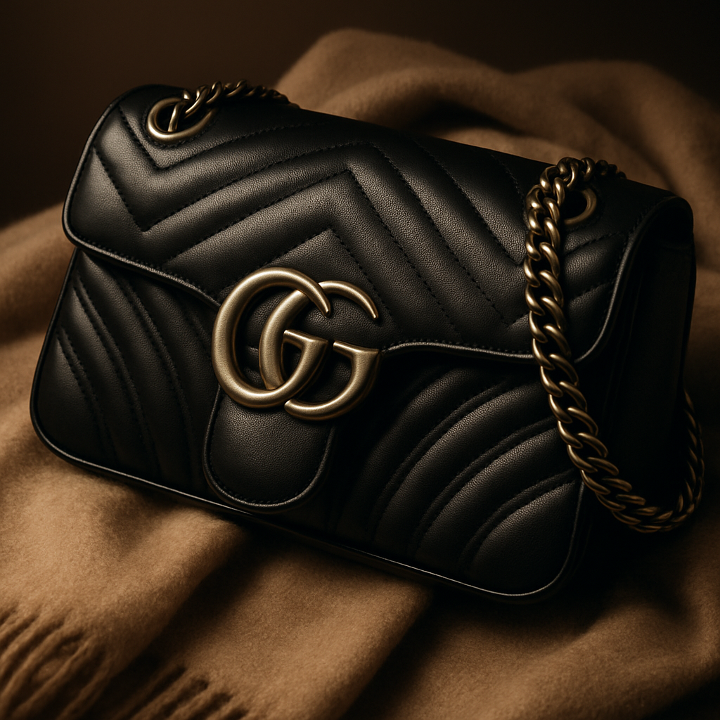 A luxurious close‑up of a Gucci GG Marmont Mini shoulder bag with antique silver hardware, draped over a soft cashmere scarf. Alt: Gucci GG Marmont shoulder bag iconic appeal under $1000 styling guide.