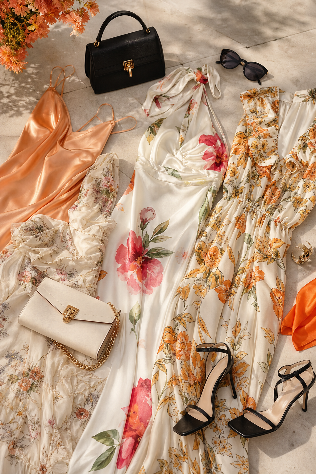 A luxury fashion editorial flat lay featuring several pre-owned designer summer dresses in floral, satin and silk fabrics arranged on a pale stone surface, with a subtle orange accent detail, no text or labels, editorial realism style. Alt: authenticated pre-owned designer summer dresses at CSD Consigned Sealed Delivered.
