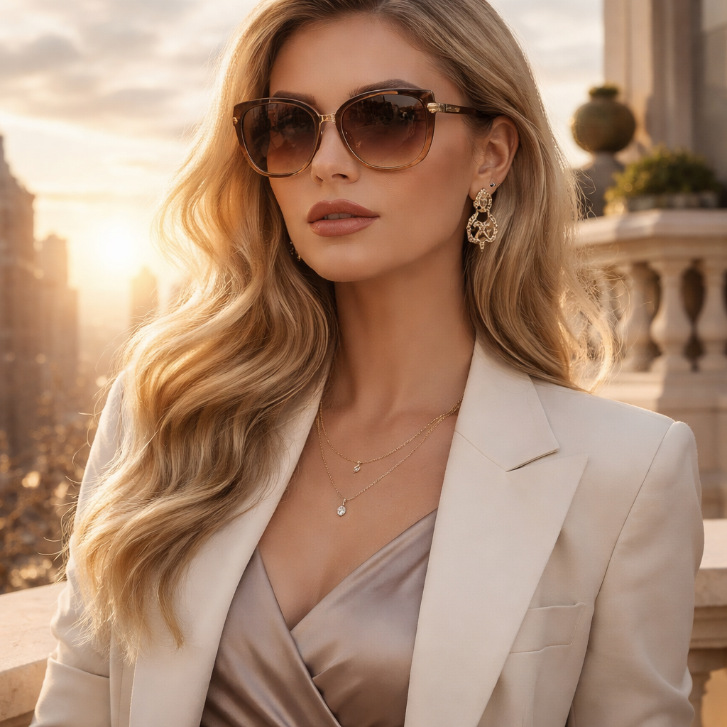A realistic portrait of a fashionable woman wearing elegant luxury sunglasses, standing on a city balcony at sunset. Alt: luxury designer sunglasses fashion portrait