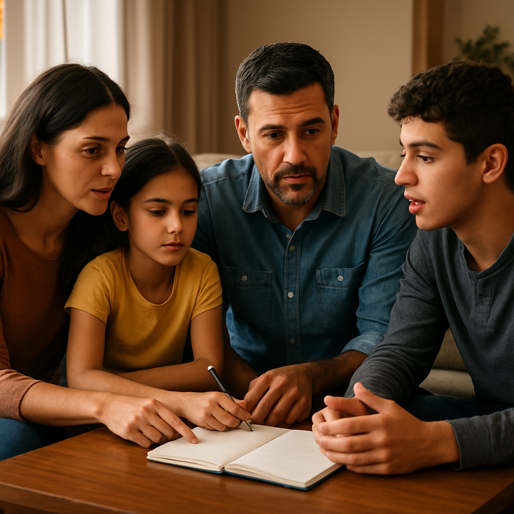 A warm, welcoming living room scene where a family sits around a table with a notebook and pen, discussing a plan together. 