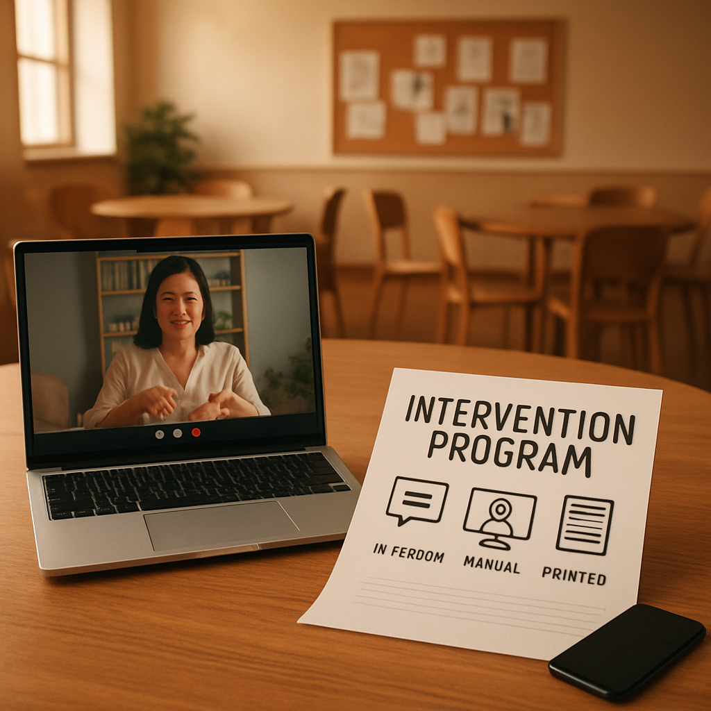 A warm, inviting community meeting space with a laptop, printed handouts, and a phone on a table, symbolizing diverse delivery methods for an intervention program. Alt: Diverse delivery methods for an intervention program showing in‑person, virtual, and printed resources.