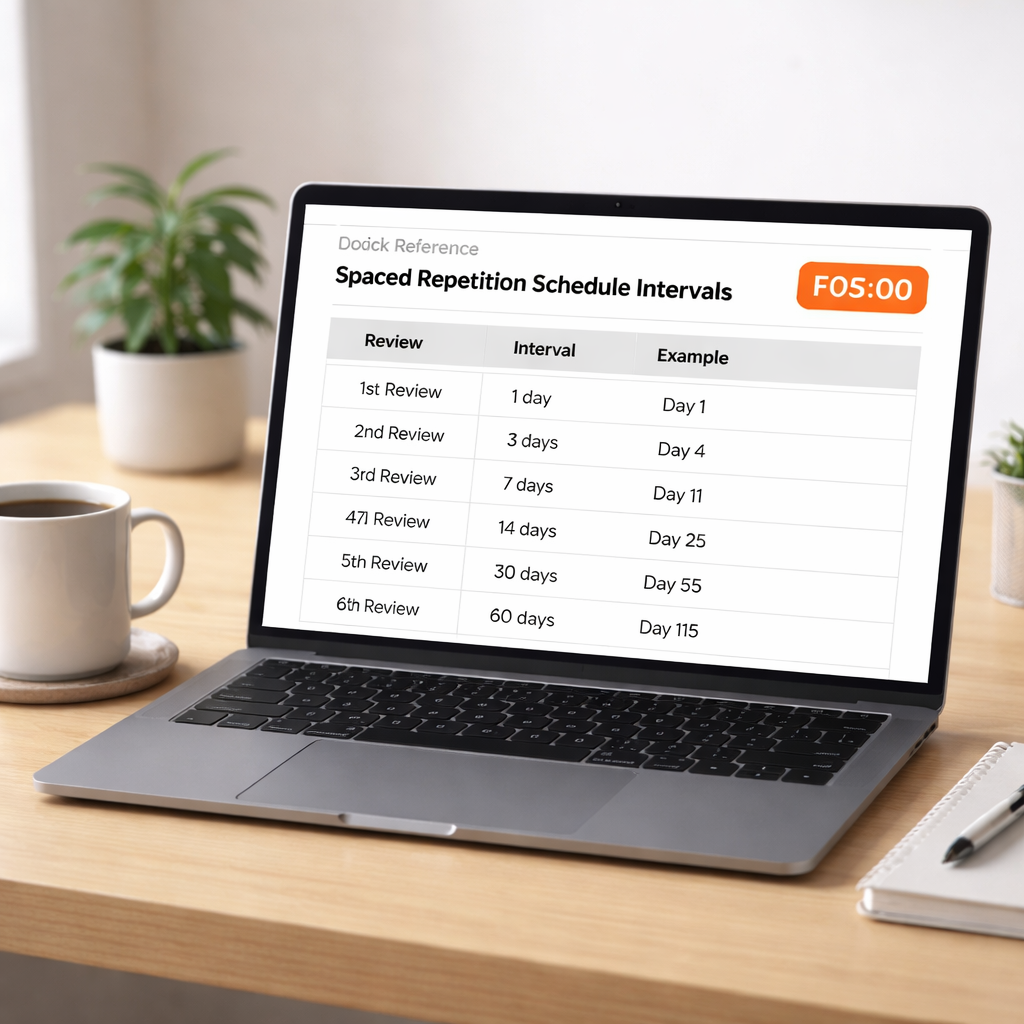 A clean, modern workspace with a laptop displaying a simple HTML table comparing spaced repetition interval patterns, a coffee mug, and a Focus Keeper timer icon on the screen. Alt: Quick reference table for spaced repetition schedule intervals.