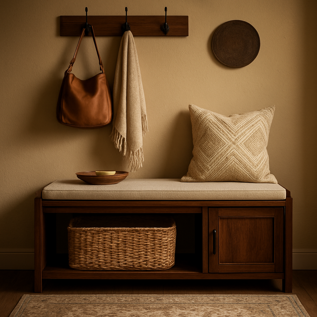 A stylish entryway bench with storage, accessorised with hooks, a tray, a woven basket, a rug, and a decorative pillow. Alt: entryway bench with storage styled with accessories.