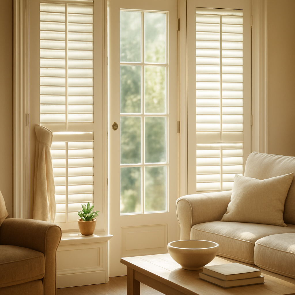 A sun‑lit living room with French doors framed by pristine plantation shutters, a soft linen tie‑back draped over one panel, and a small potted succulent on the windowsill. Alt: plantation shutters for french doors styled with accessories and natural light.