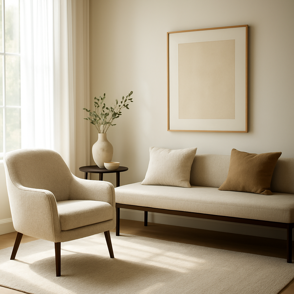 A bright, modern living room with a stylish upholstered chair, a sleek bench against a wall, and soft natural light pouring in. Alt: Seating layout ideas for a luxury home interior.