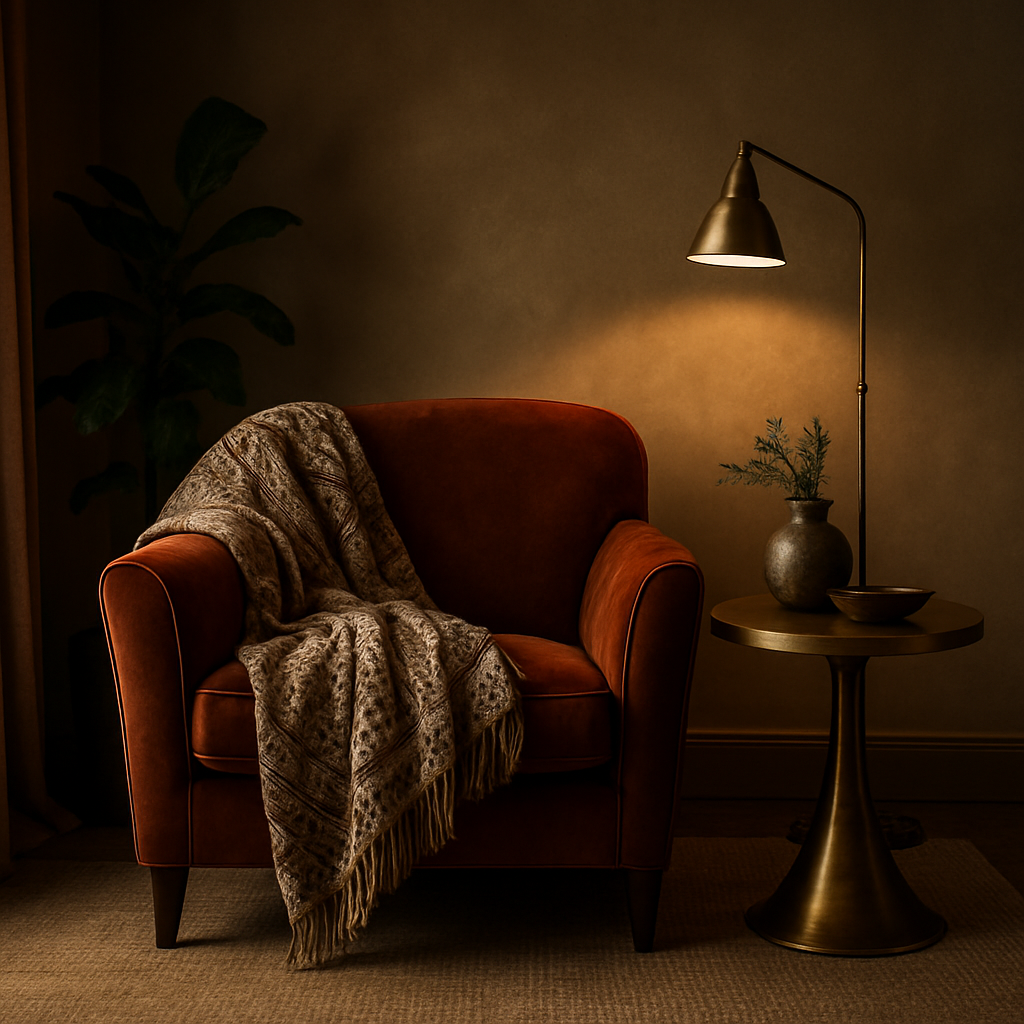 A cozy living room corner with a velvet armchair, patterned throw, and a brass side table. Alt: Luxury seating accessories that add personality and comfort.