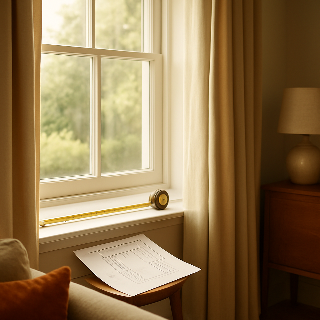 A bright living room with a window, a tape measure laid across the sill, and a sketch of curtain dimensions. Alt: measuring windows for custom pinch pleat curtains