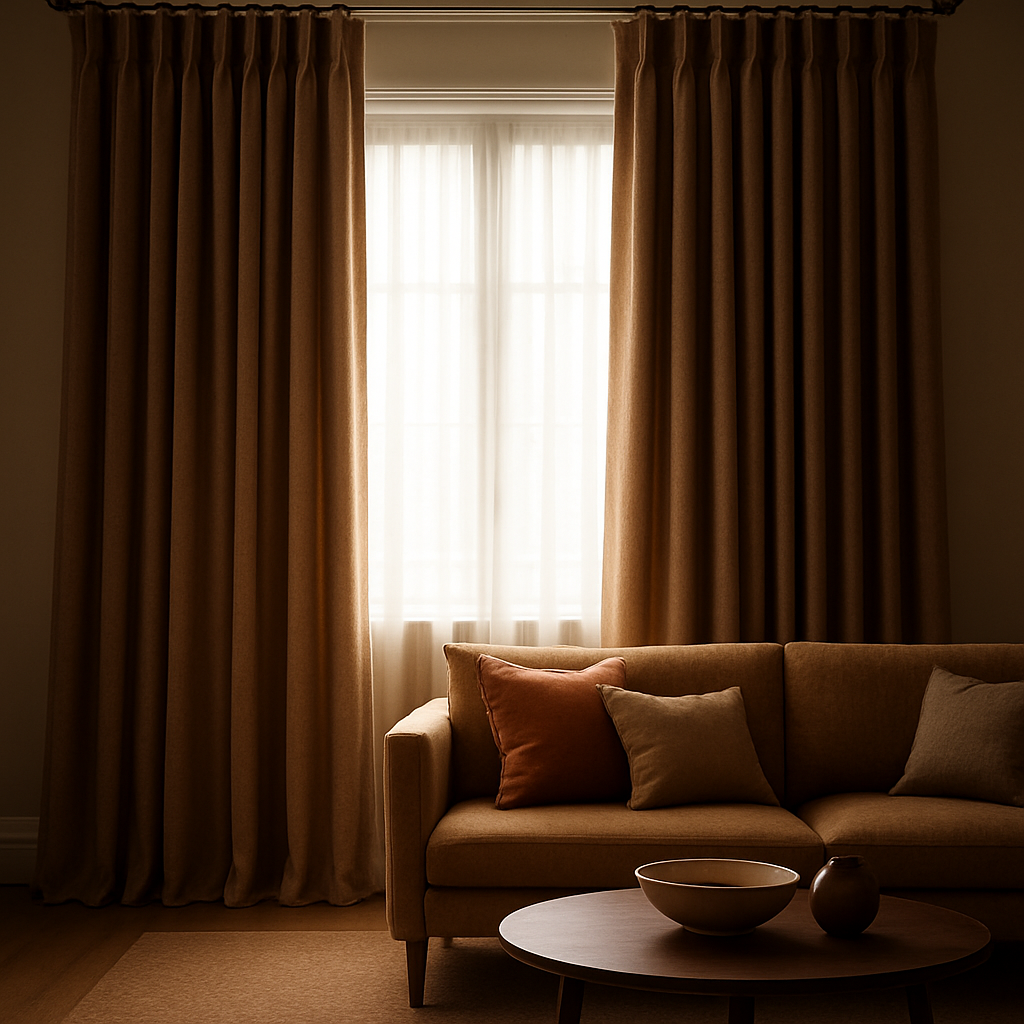 A beautifully draped set of pinch pleat curtains custom on a high‑gloss rod, styled with coordinating cushions and a coffee table. Alt: Pinch pleat curtains custom installation styling