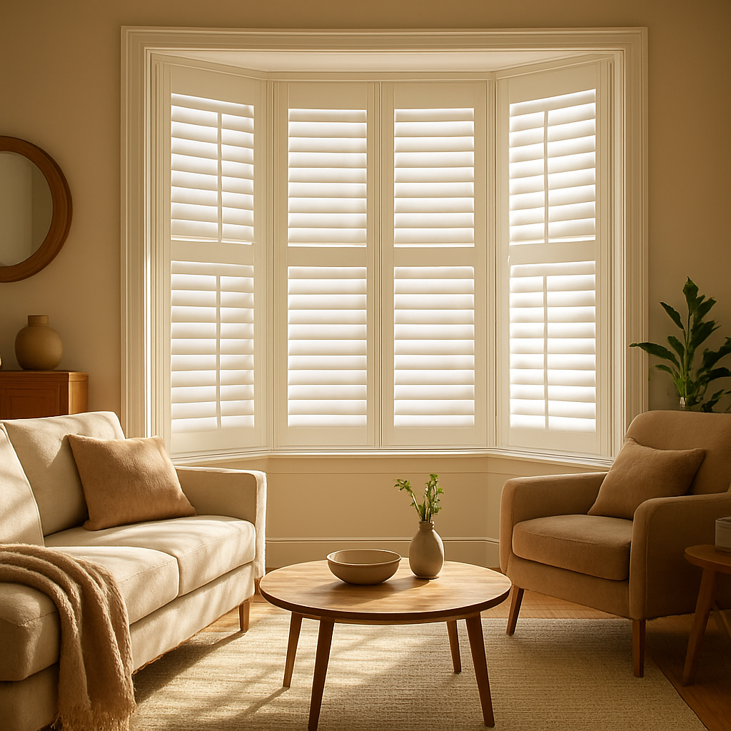 A sunny living room with a three‑pane bay window fitted with custom plantation shutters, showing the angled panels closing neatly. Alt: Plantation shutters for bay windows fitting perfectly to angled panes
