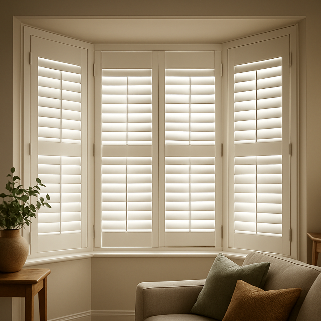 A beautifully crafted set of plantation shutters perfectly fitted to a three‑pane bay window, showing the angled panels and hinge lines. Alt: plantation shutters for bay windows installation guide.