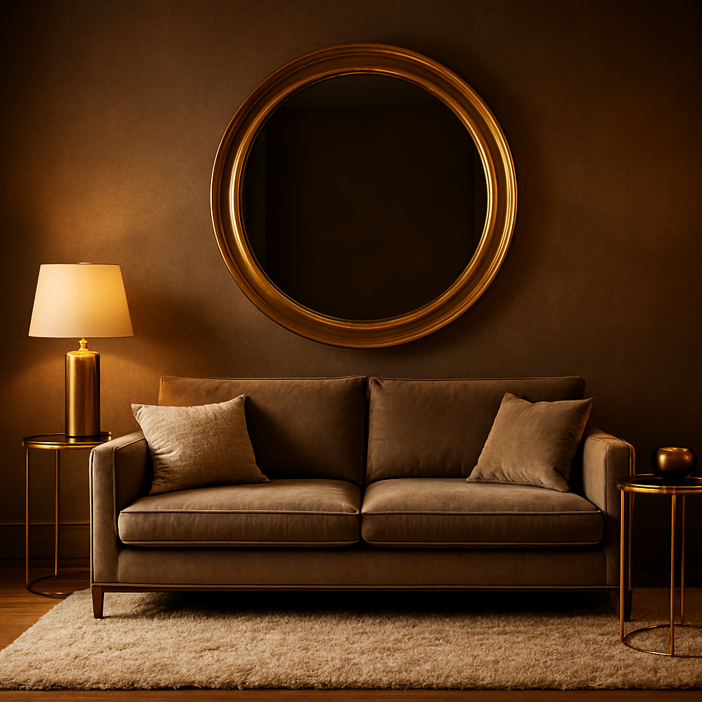 A luxurious living room featuring a gold round wall mirror above a sleek sofa, paired with bespoke gold‑accented side tables and a plush rug. Alt: gold round wall mirror paired with bespoke homeware and furniture