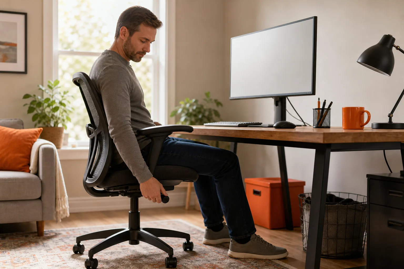 Desk setup adjustments for back pain during office work.