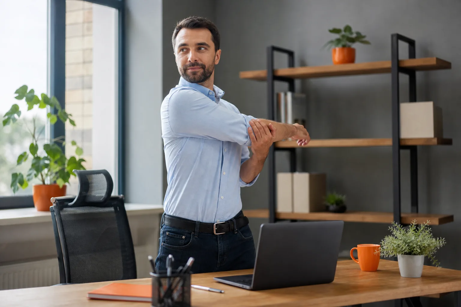 Gentle desk break movement for a stiff back.