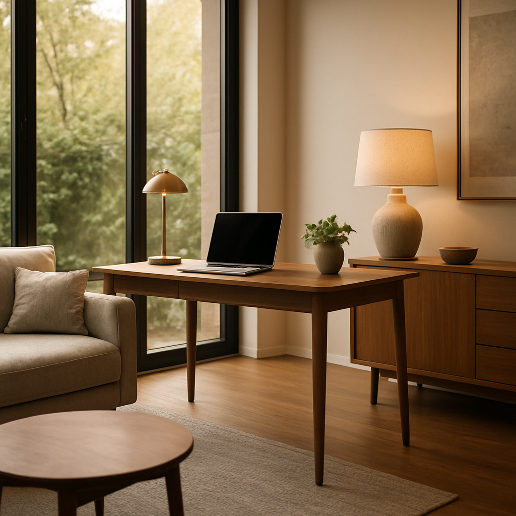 A contemporary living room featuring a sleek wooden desk with a laptop, a lamp, and a small plant. The room has large windows letting in natural light. Alt: Contemporary desk in a modern living space.