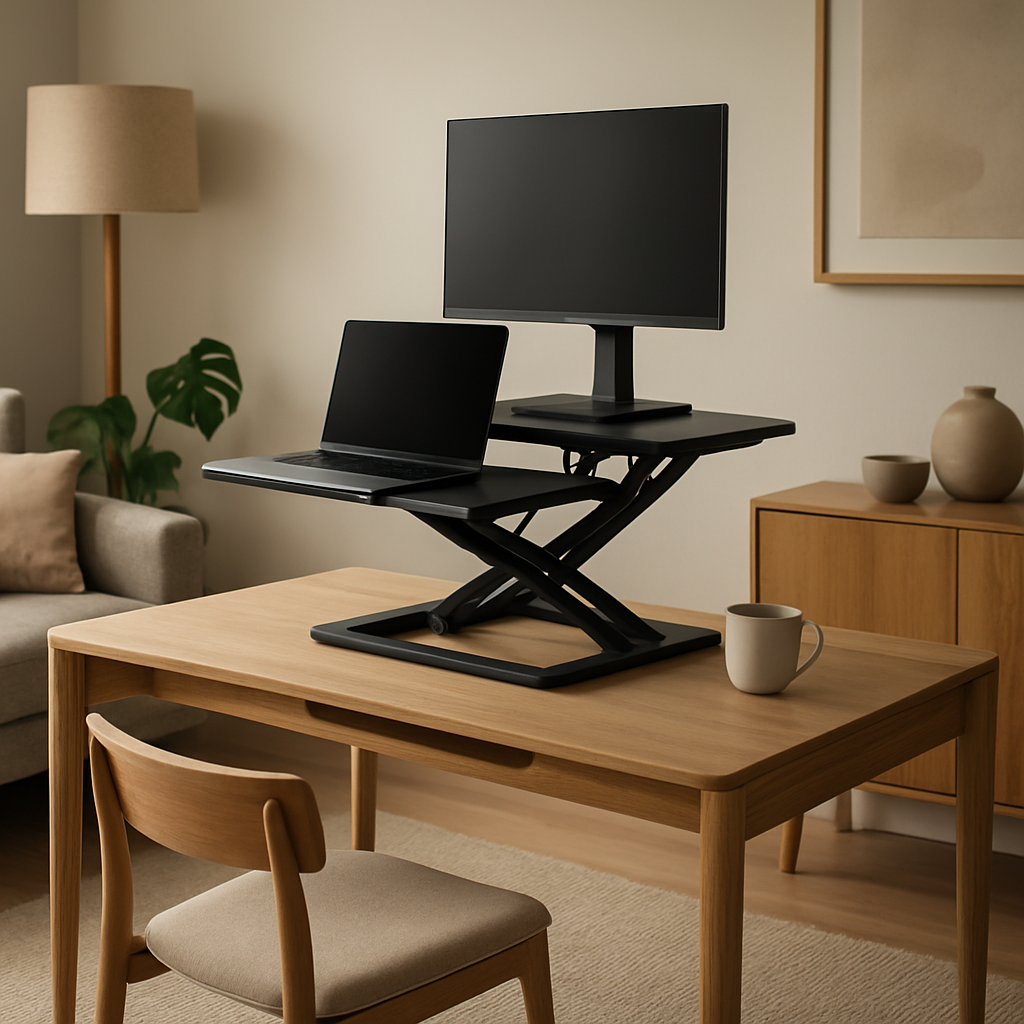 A contemporary living room with a minimalist wooden desk, a standing desk converter, a laptop, a monitor, and a coffee mug. The desk has a clean open slot design and a subtle cable management channel. Alt: Ergonomic desk setup in a modern home.
