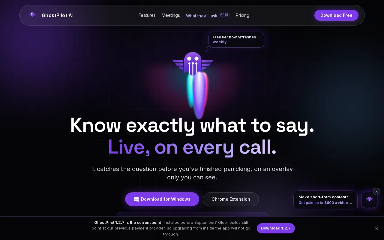 Screenshot of the GhostPilot website