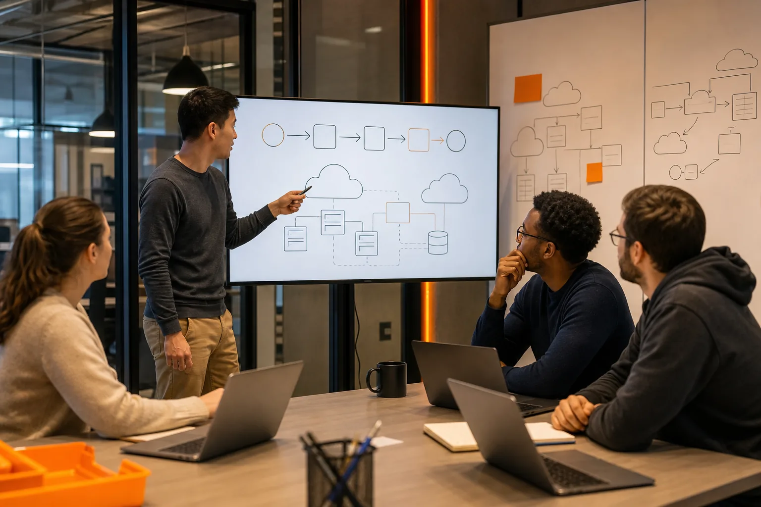 DevOps team mapping cloud architecture and software delivery tools.