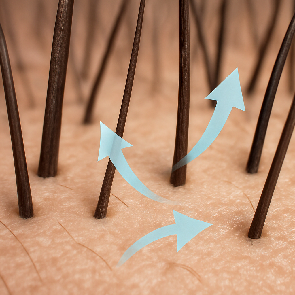 A close‑up of a woman’s scalp showing healthy hair follicles under a microscope, with subtle arrows indicating DHT inhibition. Alt: DHT blocking shampoo for women benefits scalp health