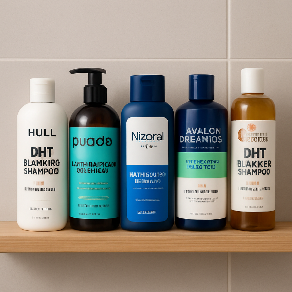 A sleek bathroom shelf displaying five different DHT blocking shampoo bottles, each labelled with key ingredients like ketoconazole, saw palmetto, and rosemary oil. Alt: Top 5 DHT blocking shampoos for women displayed on a shelf.