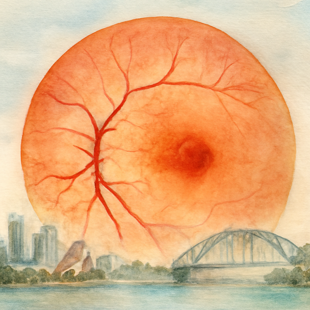 A close‑up of a retinal scan showing macular swelling, with subtle Australian Sydney skyline reflected in the background. Alt: diabetic macular edema retinal image.