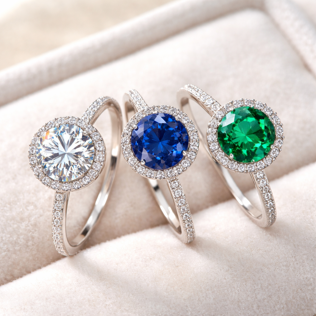 A photorealistic close‑up of an engagement ring set with a bright moissanite stone beside a sapphire and an emerald, displayed on a soft white velvet background, highlighting the sparkle and colour contrast. Alt: diamond alternative gemstones for engagement rings